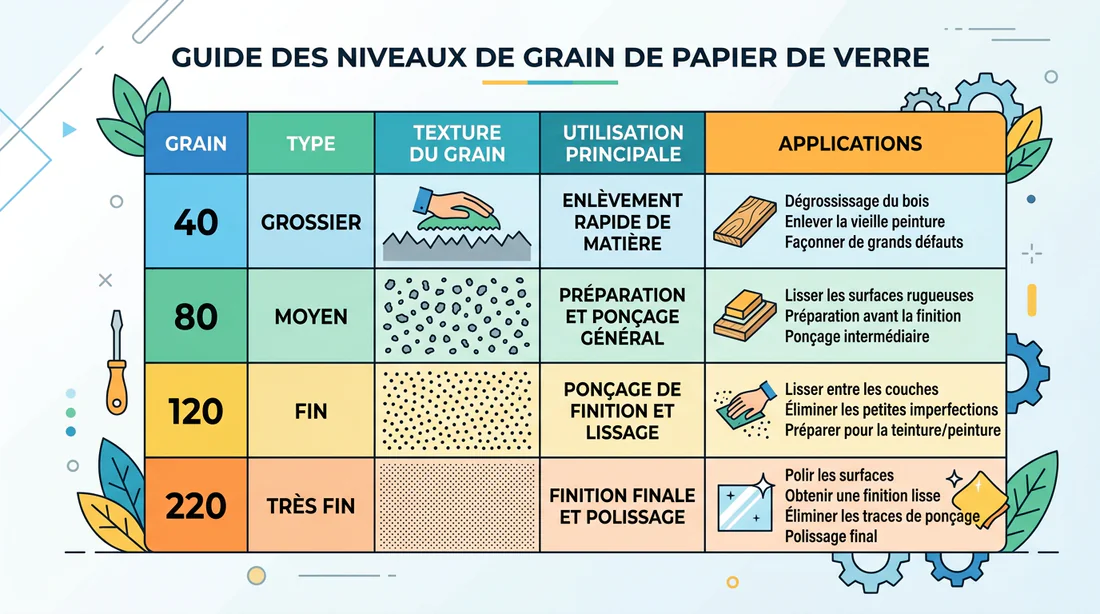 Tableau comparatif des grains de papier de verre