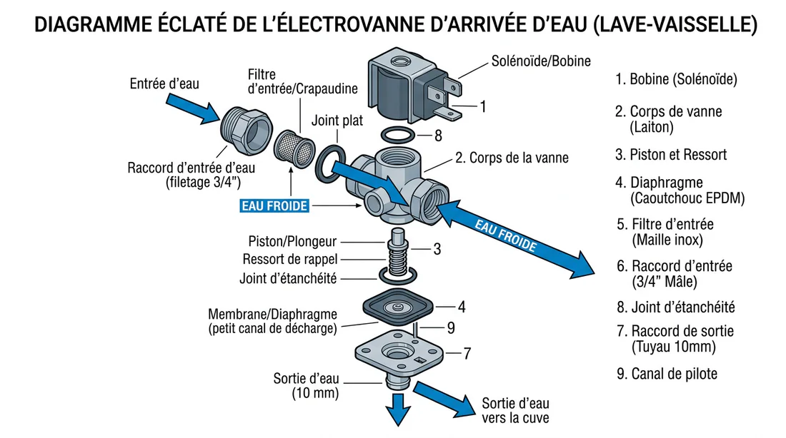 Schéma technique de la vanne d'arrivée d'eau lave-vaisselle