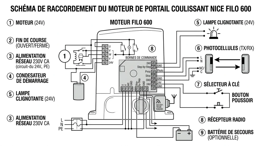 Schéma de câblage moteur Nice Filo 600