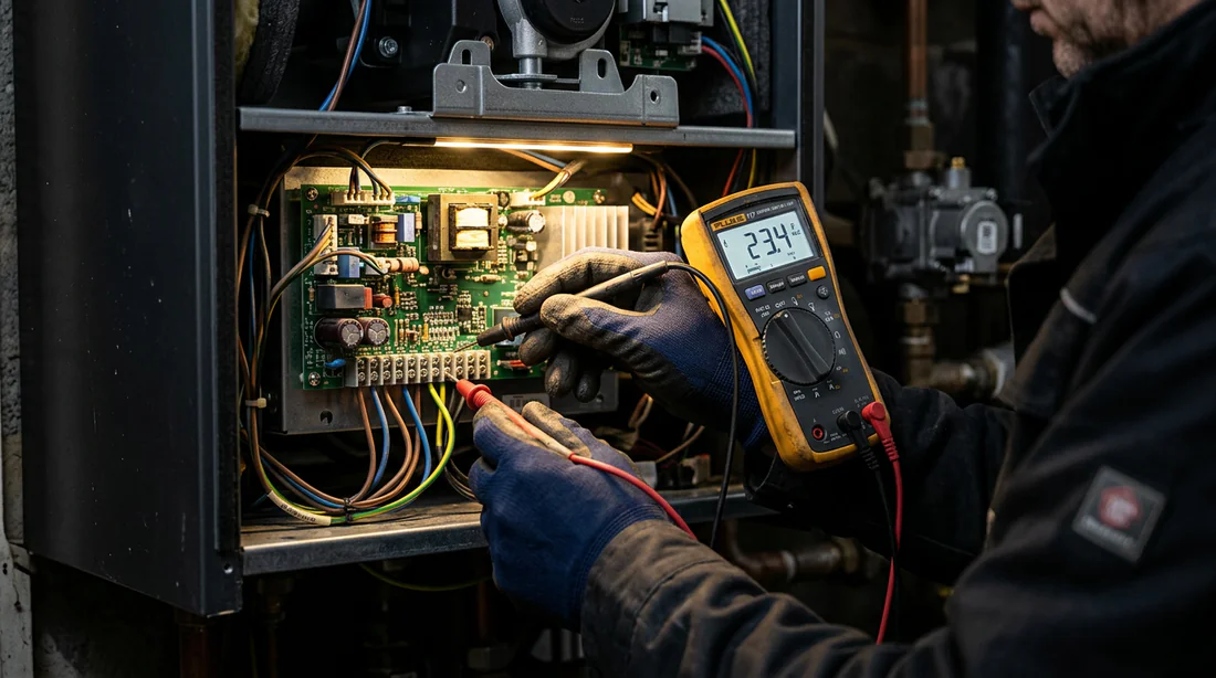 Technicien chauffagiste effectuant un contrôle sur circuit électronique