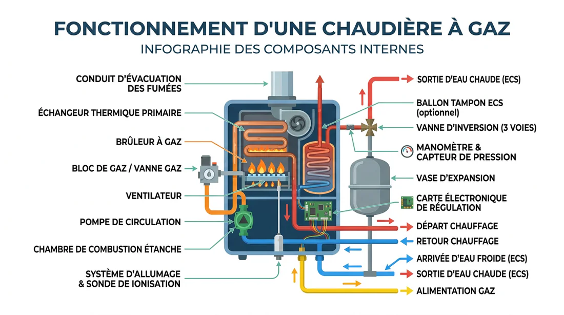 Schéma explicatif des composants d'une chaudière gaz