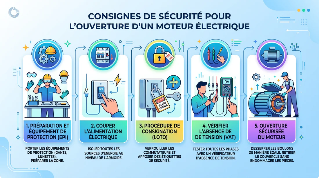 Infographie des consignes de sécurité pour l'ouverture d'un moteur électrique