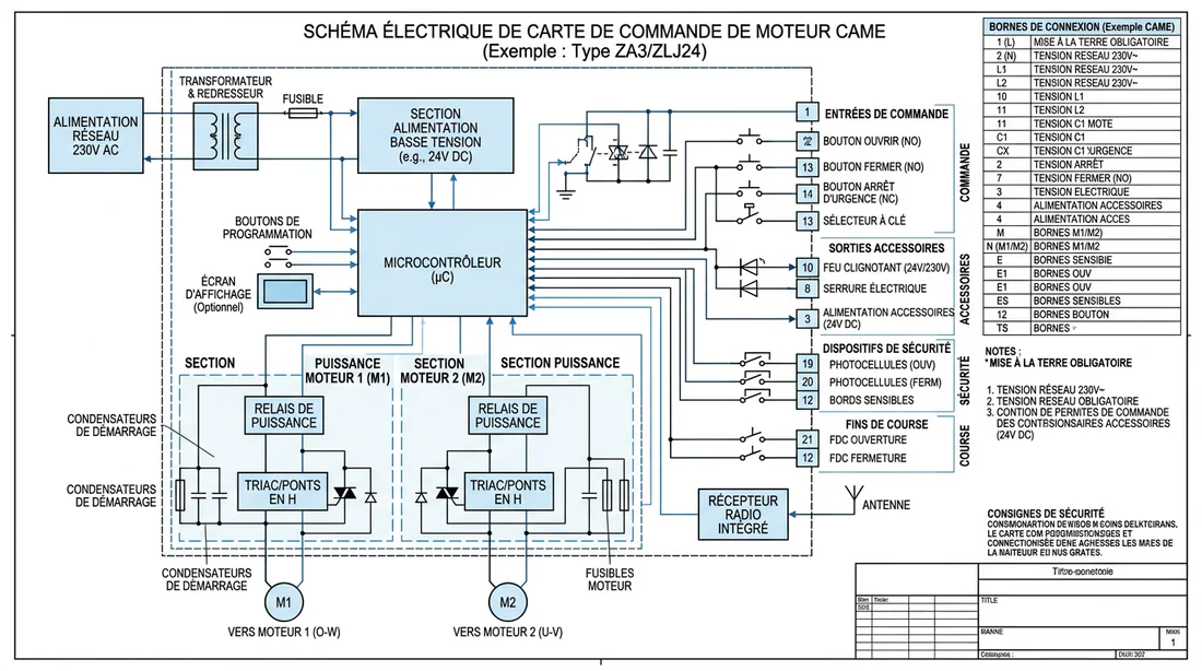 Schéma technique des branchements d'une carte électronique Came