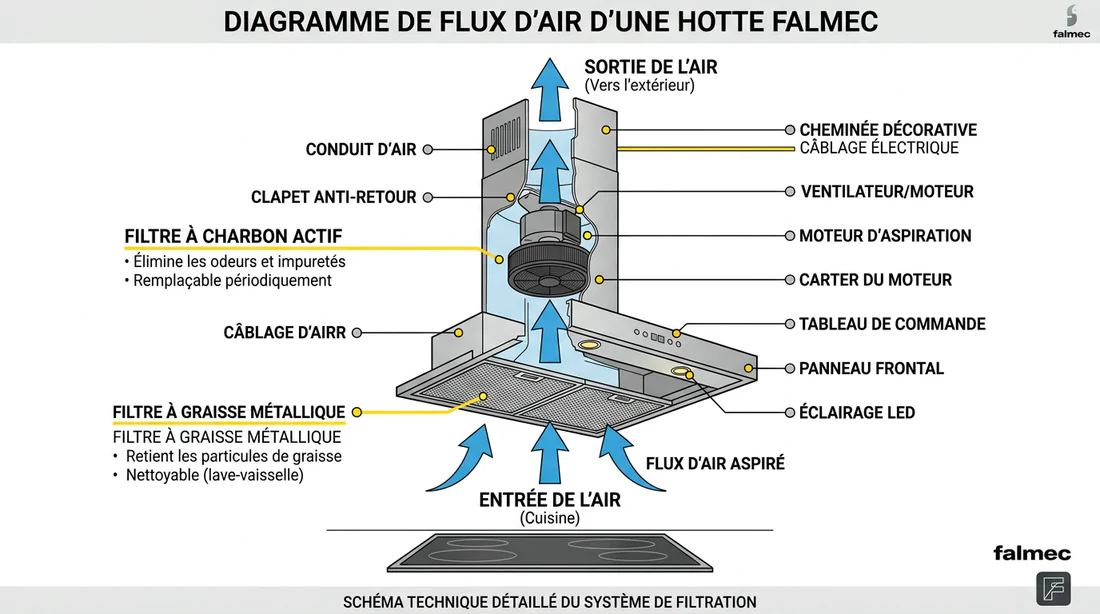 Schéma technique de fonctionnement d'une hotte aspirante Falmec