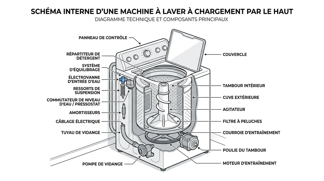 Schéma des composants d'un lave-linge top