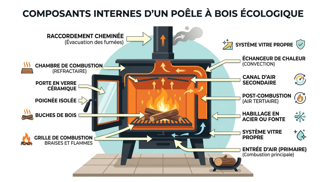 Schéma technique des composants d'un poêle à bois