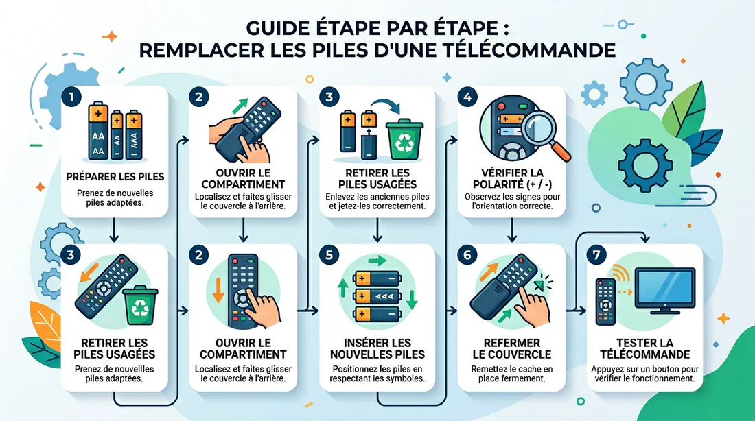 Infographie des étapes pour changer les piles d'une télécommande