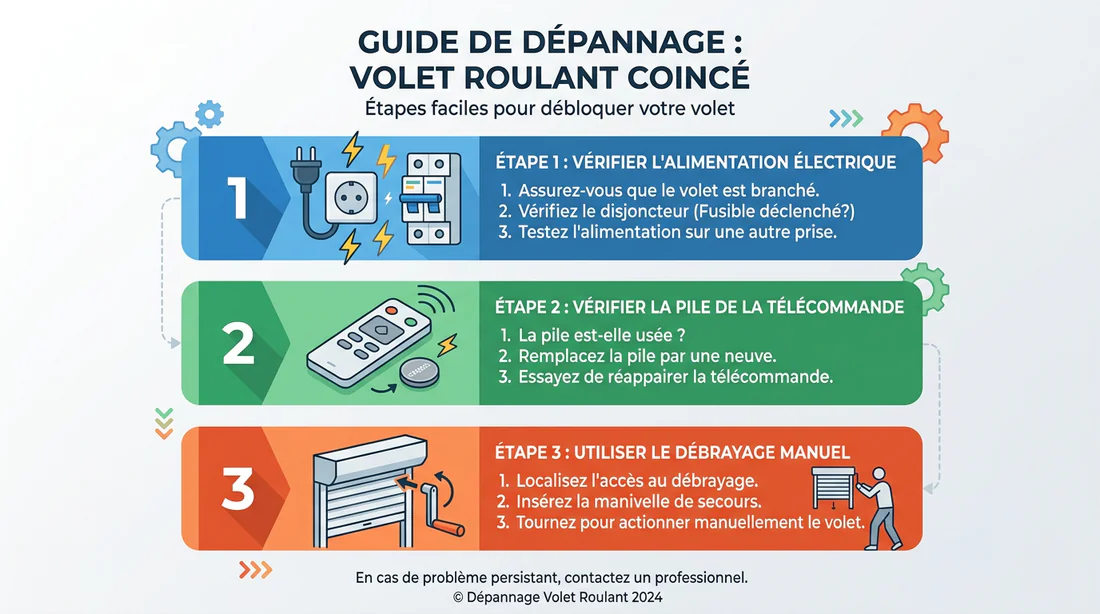 Infographie des étapes de dépannage pour un volet roulant bloqué