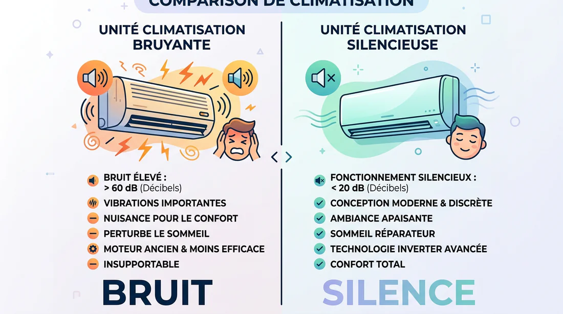 Comparaison entre une climatisation bruyante et un modèle avec pompe silencieuse.