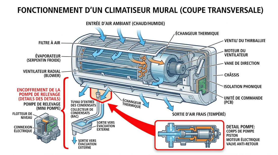 Schéma technique du fonctionnement interne d'une pompe pour climatiseur.