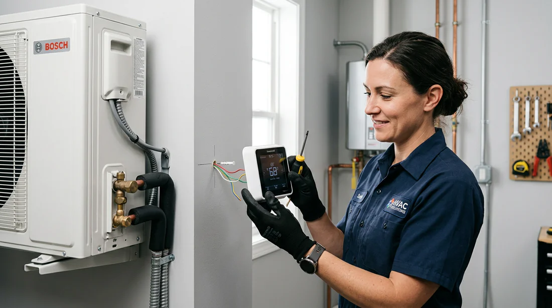 Technicien professionnel installant un thermostat mural pour pompe à chaleur