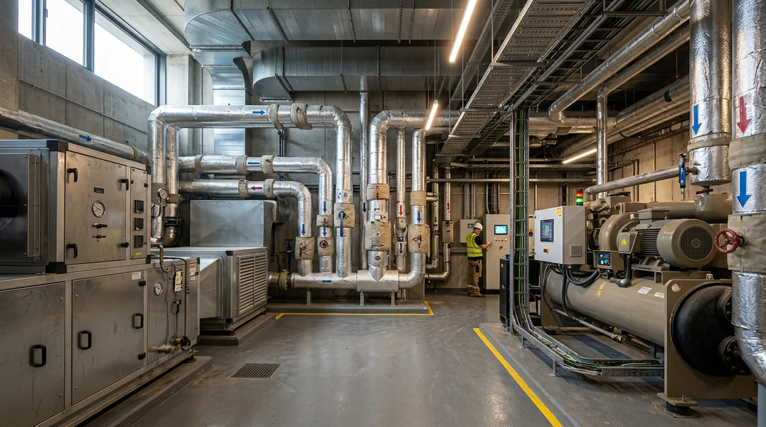 Local technique moderne abritant un système de climatisation centralisé pour bâtiment tertiaire