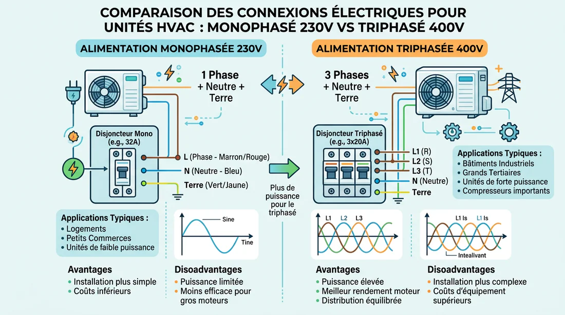 Schéma technique du raccordement électrique 230V monophasé et 400V triphasé pour climatiseur