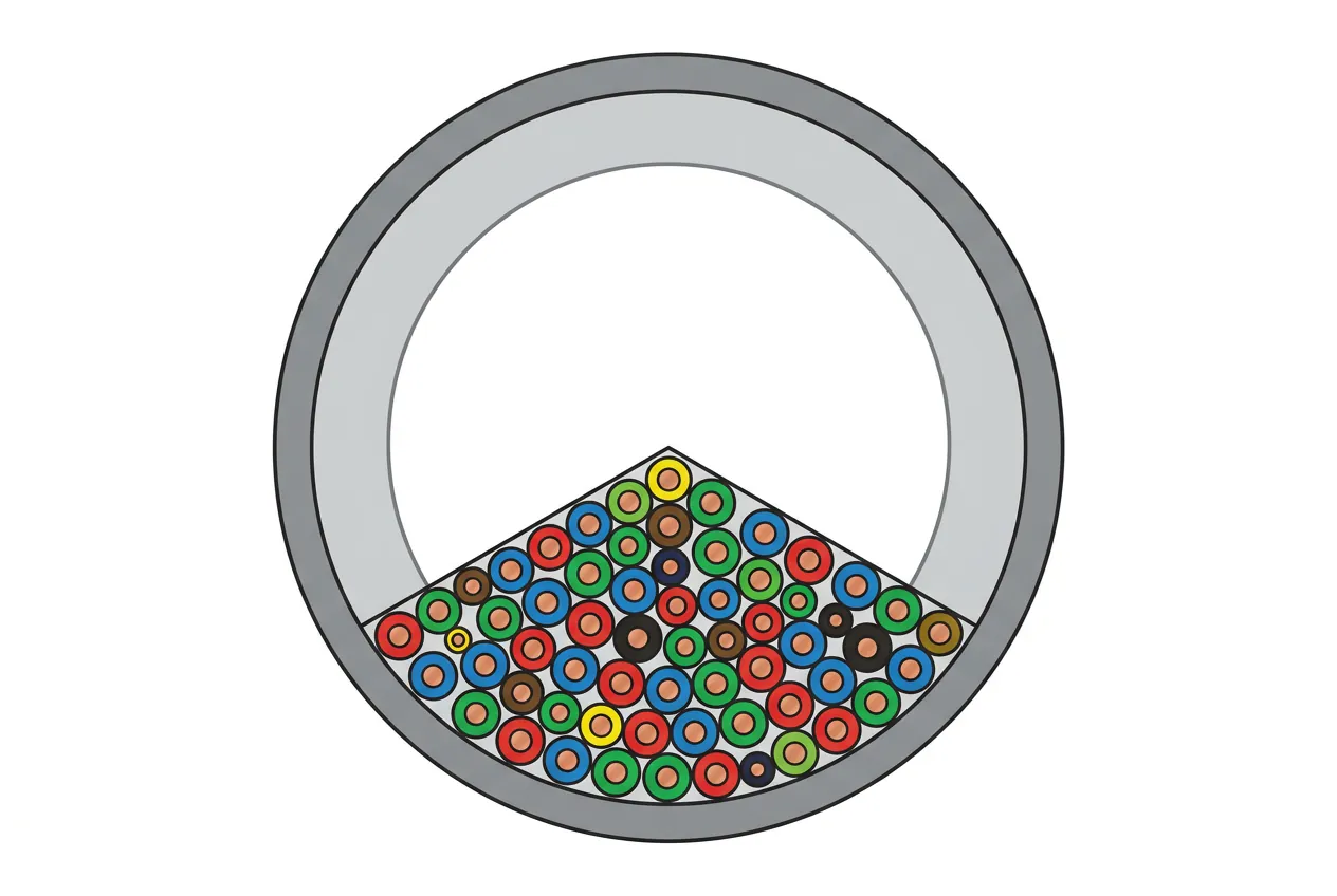 Schéma technique montrant un tiers de remplissage dans une section de tube IRL pour faciliter le tirage des câbles.