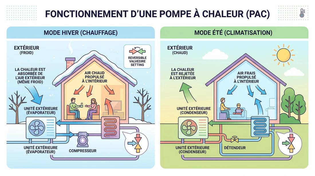 Schéma explicatif du fonctionnement d'une climatisation réversible en mode chaud et froid