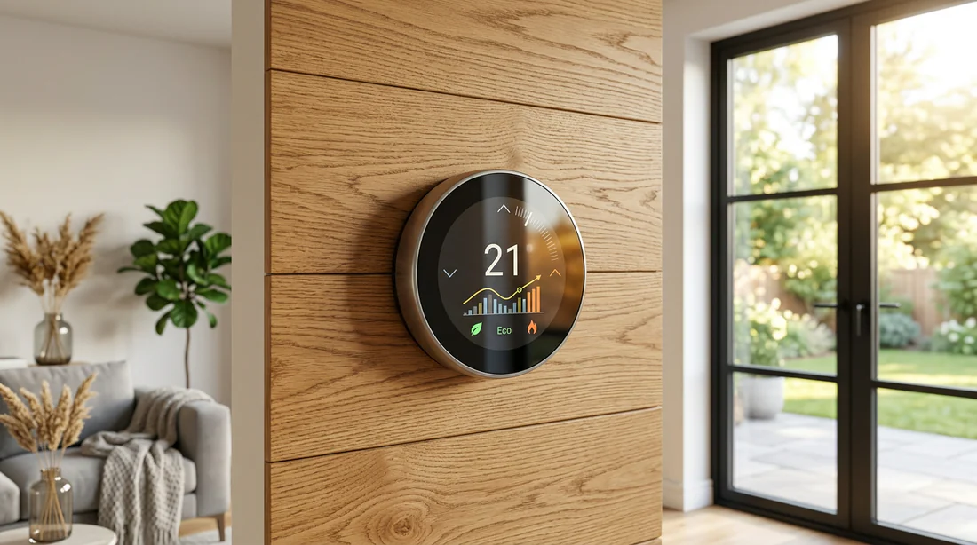 Thermostat connecté affichant la régulation de température et le suivi énergétique
