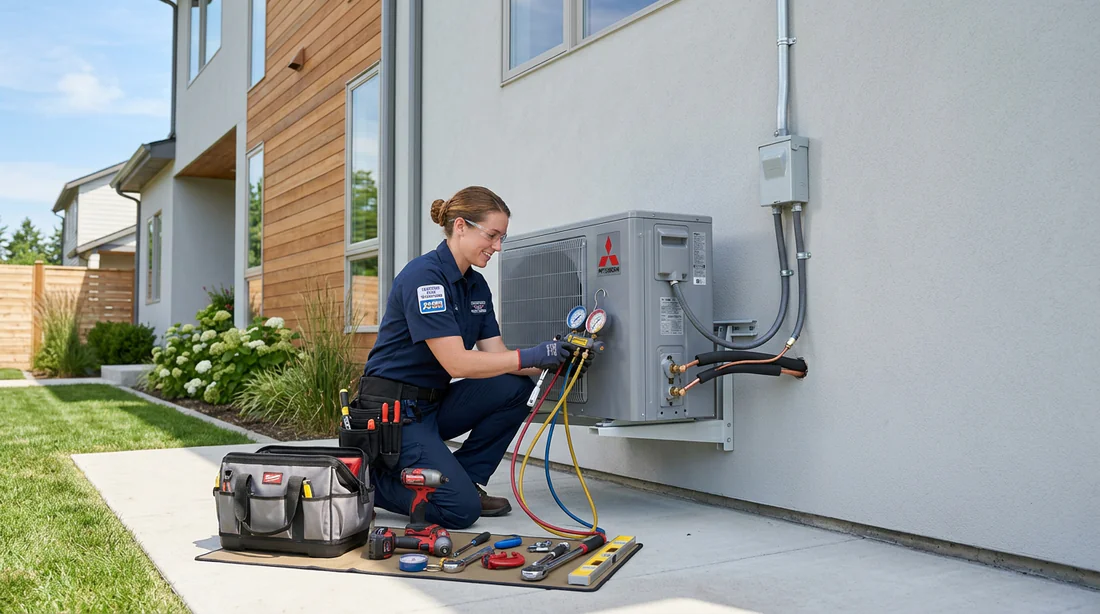 Technicien qualifié procédant à l'installation d'un groupe extérieur de pompe à chaleur