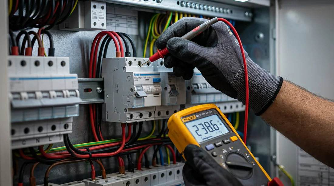 Électricien testant un interrupteur différentiel Hager avec un multimètre