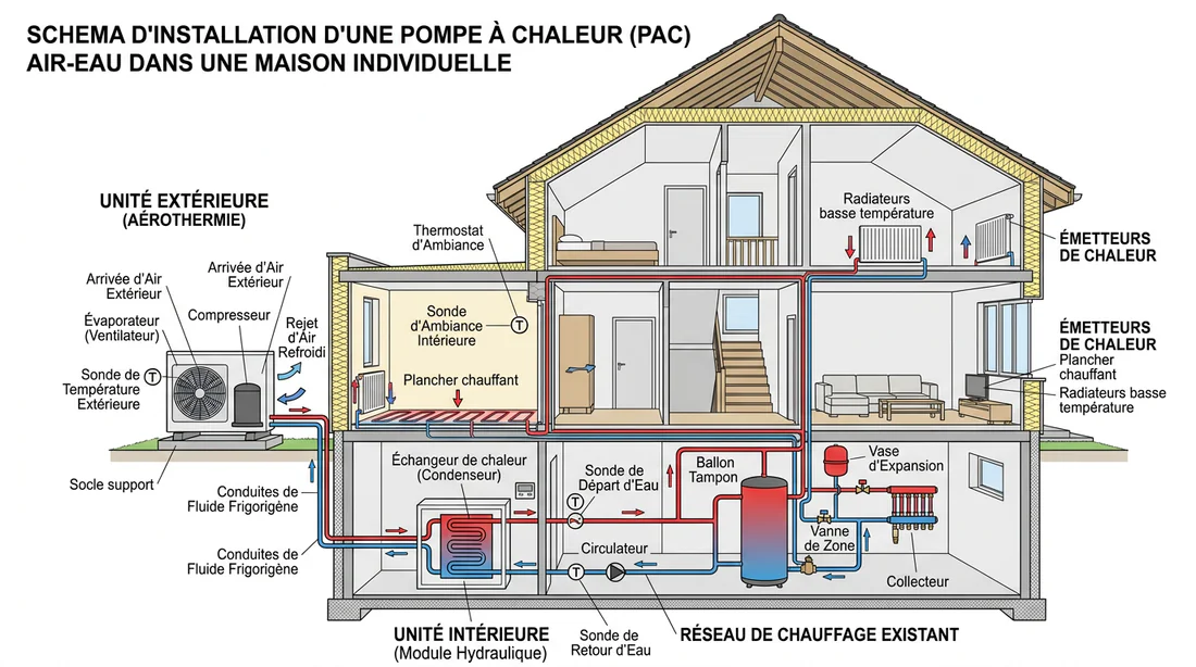 Schéma technique d'installation de pompe à chaleur