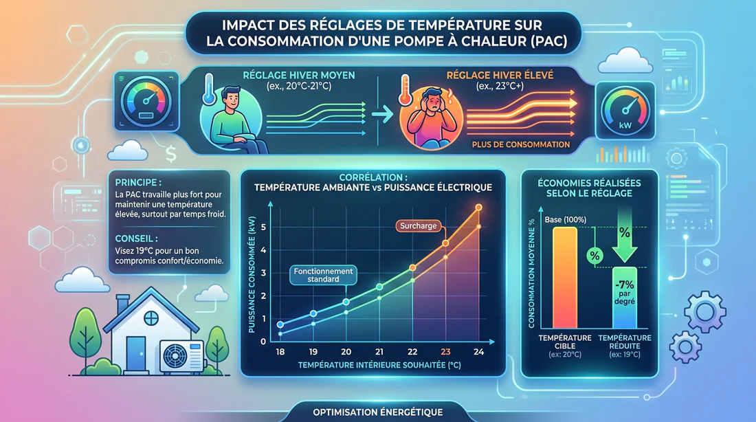 Infographie réglage pompe à chaleur et consommation