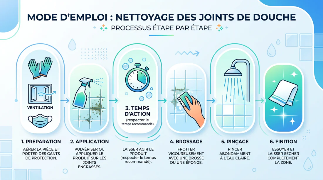 Infographie des étapes de nettoyage des joints de carrelage