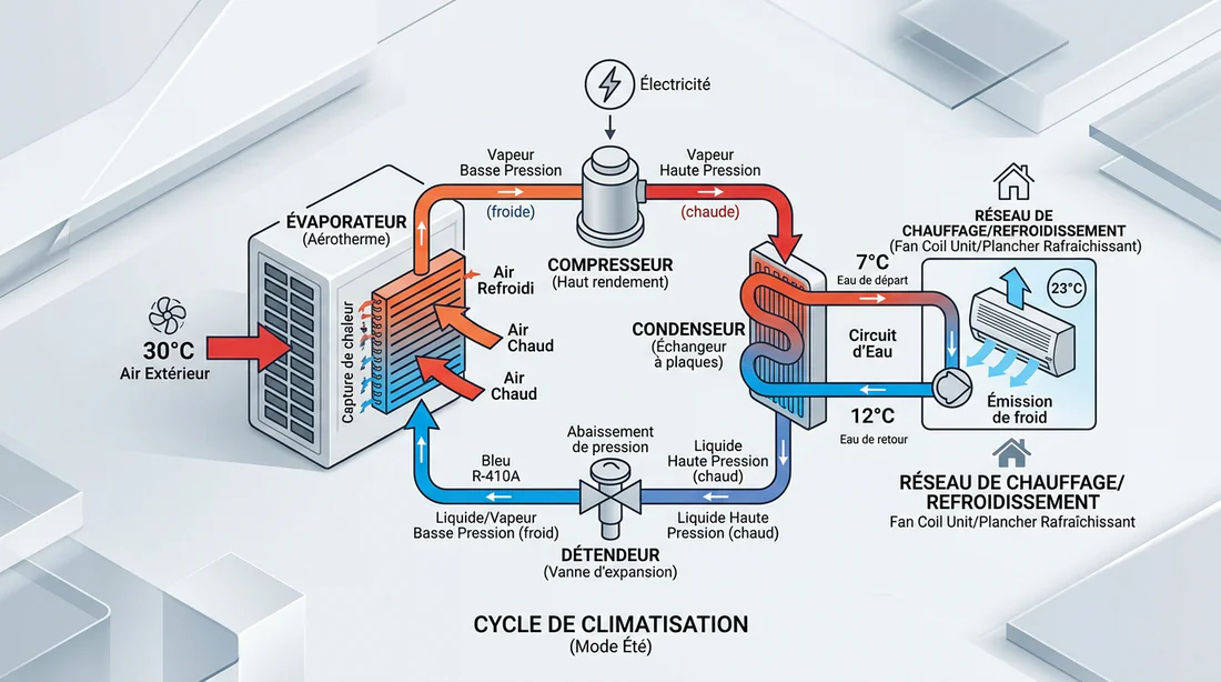 Infographie 3D expliquant le cycle de rafraîchissement d'une pompe à chaleur