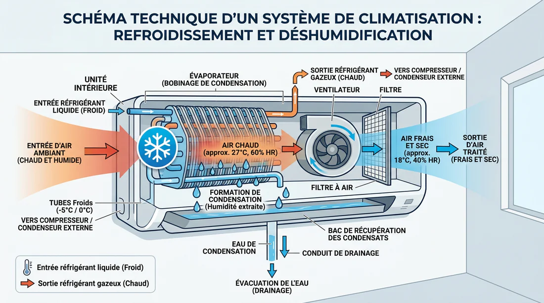 Schéma explicatif du fonctionnement de la condensation en mode déshumidification dans un climatiseur