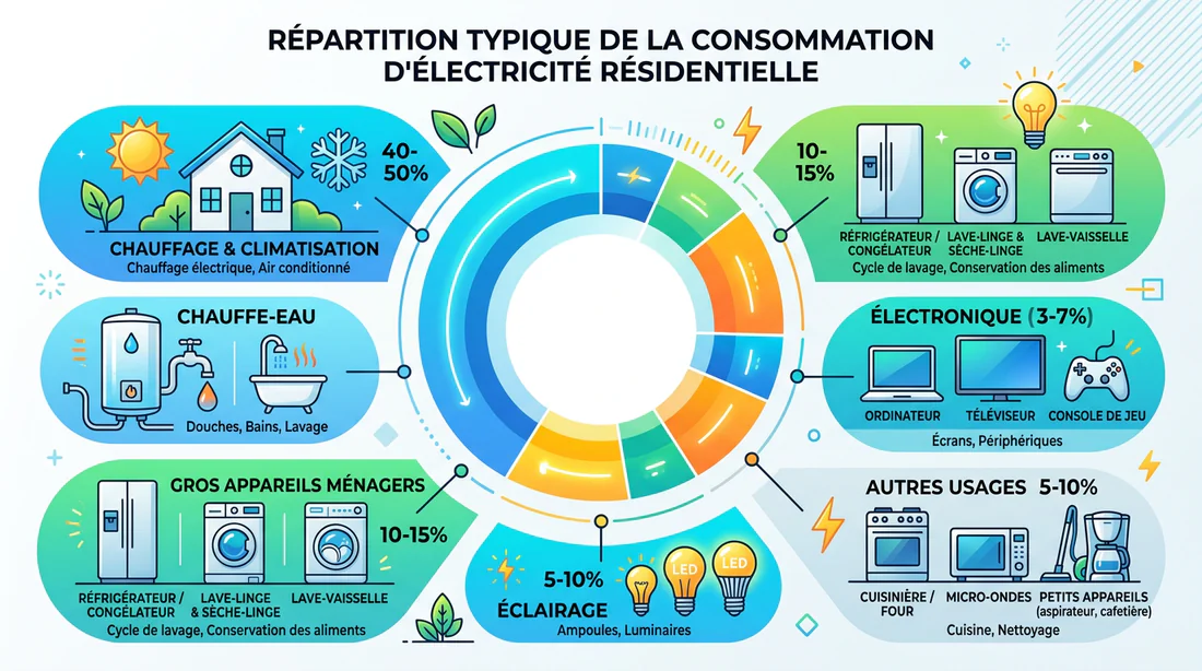 Infographie présentant la répartition de la consommation électrique par appareil