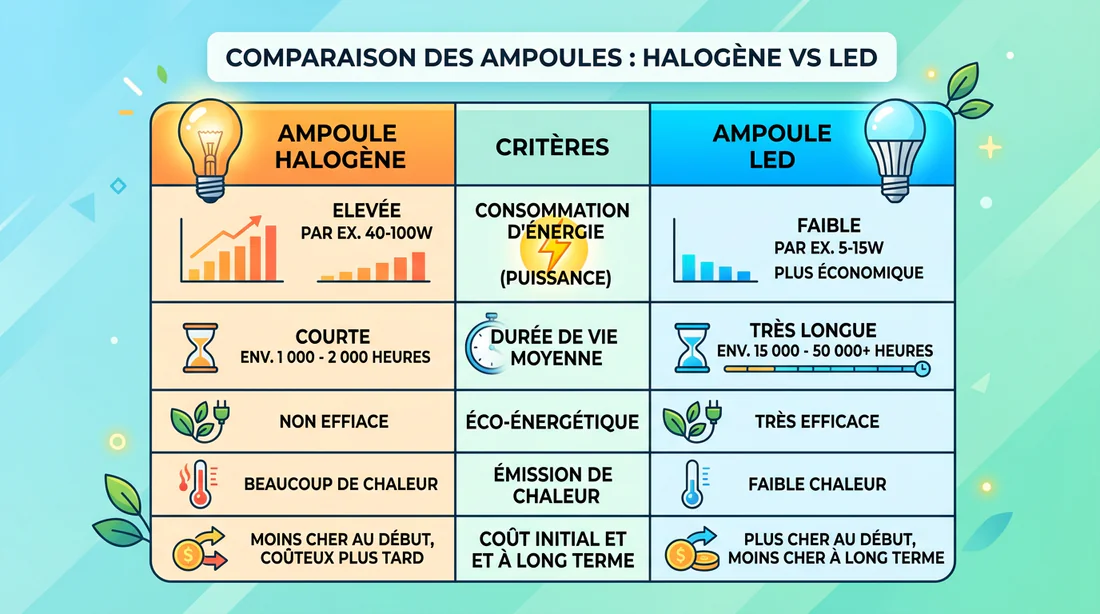 Tableau comparatif consommation et durée de vie LED vs Halogène