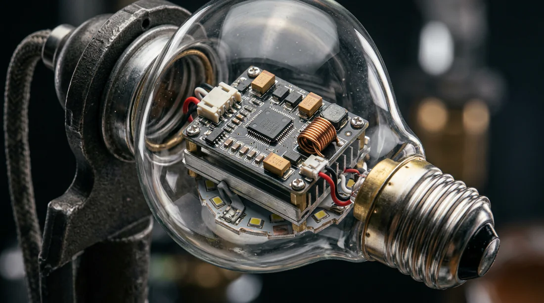 Gros plan sur les composants électroniques d'une ampoule LED