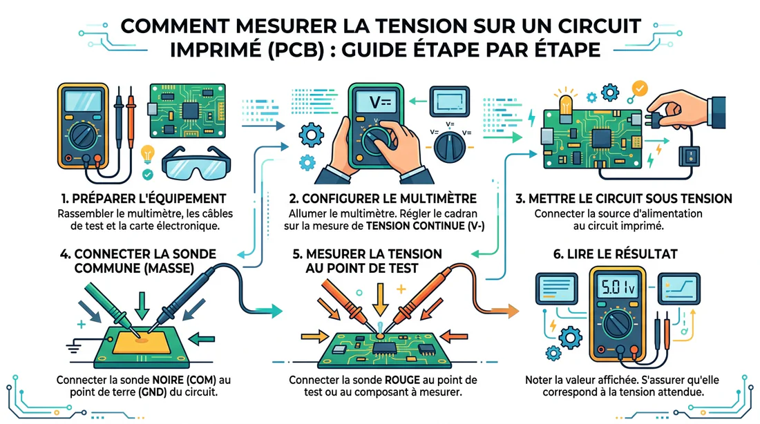 Infographie expliquant comment mesurer la tension sur un circuit électronique