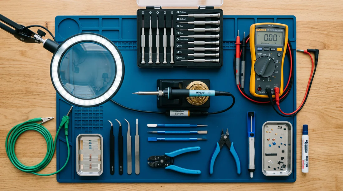 Outils de réparation électronique professionnels sur un tapis antistatique