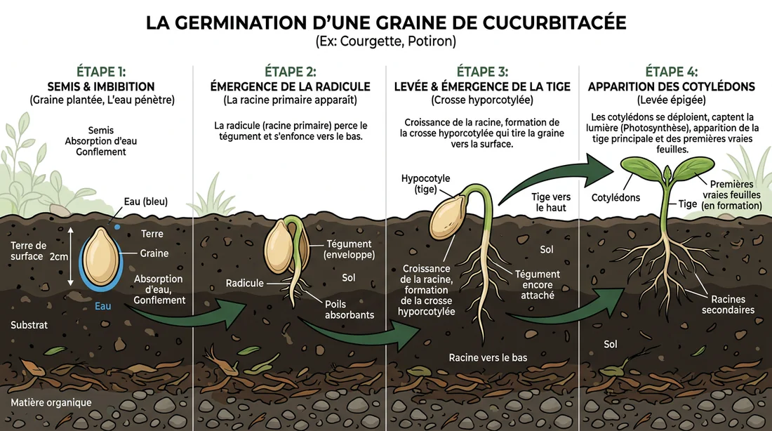 Schéma explicatif des étapes de germination des cucurbitacées