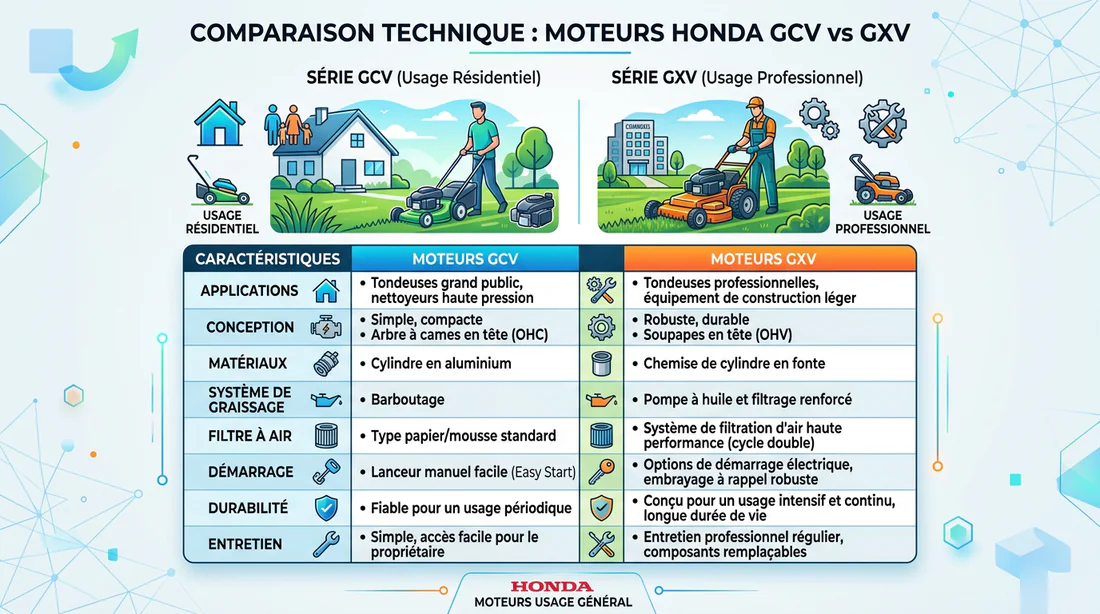 Tableau comparatif des caractéristiques techniques entre moteur GCV et GXV