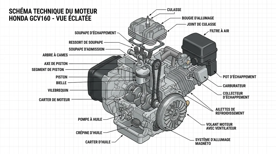 Schéma technique des composants internes du moteur Honda GCV