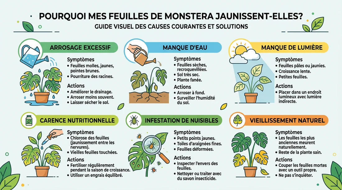 Infographie sur les causes du jaunissement des feuilles de Monstera