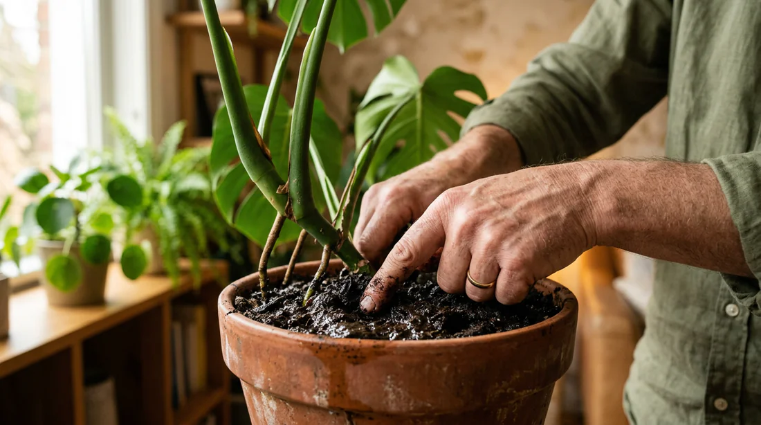 Vérification de l'humidité du terreau de Monstera