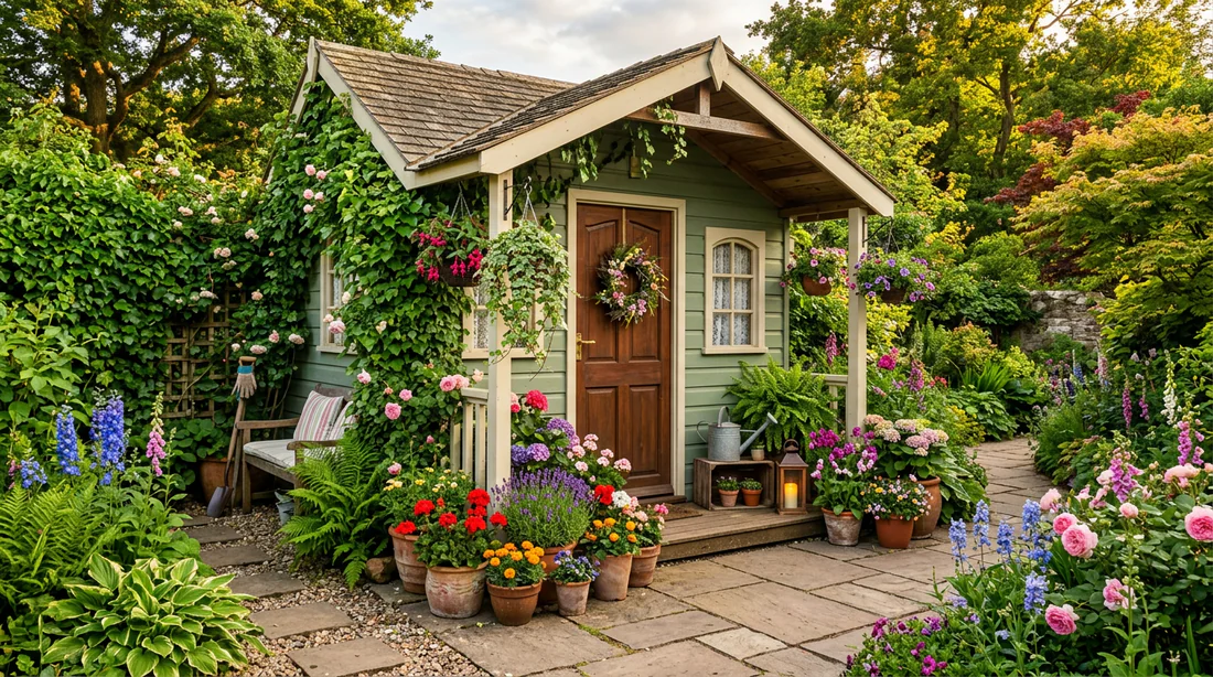 Idée de décoration florale pour un abri de jardin relooké