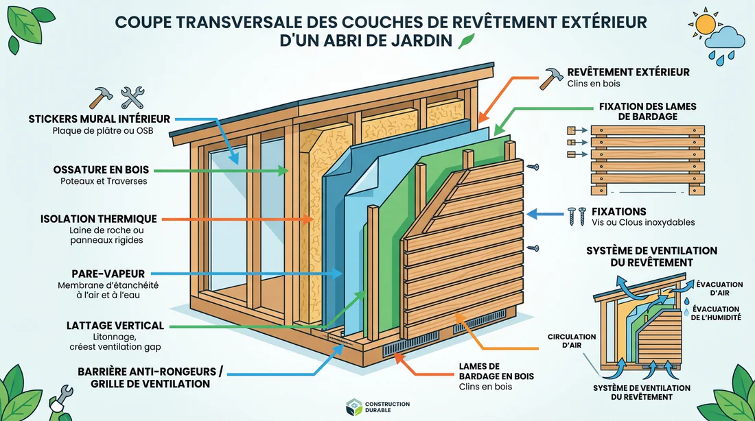 Schéma technique des étapes de pose d'un bardage sur abri de jardin
