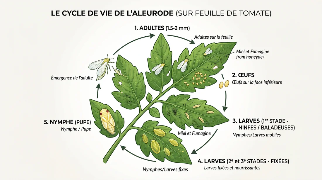 Schéma explicatif du cycle de vie du moucheron blanc sur tomate