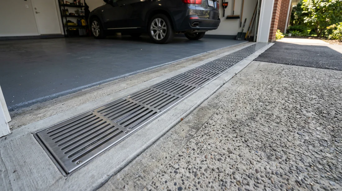 Caniveau de drainage grille en acier au bas de la descente de garage
