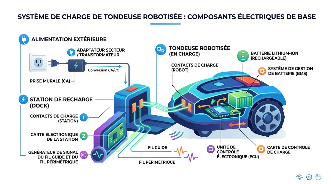 Schéma technique des composants de charge d'un robot tondeuse