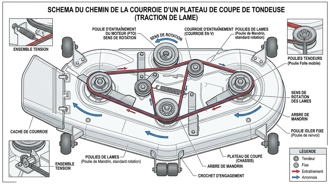 Schéma technique du cheminement de la courroie sur un plateau de coupe