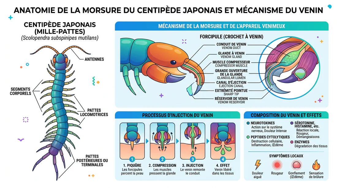 Schéma explicatif de l'anatomie des crochets venimeux de la scolopendre Mukade.
