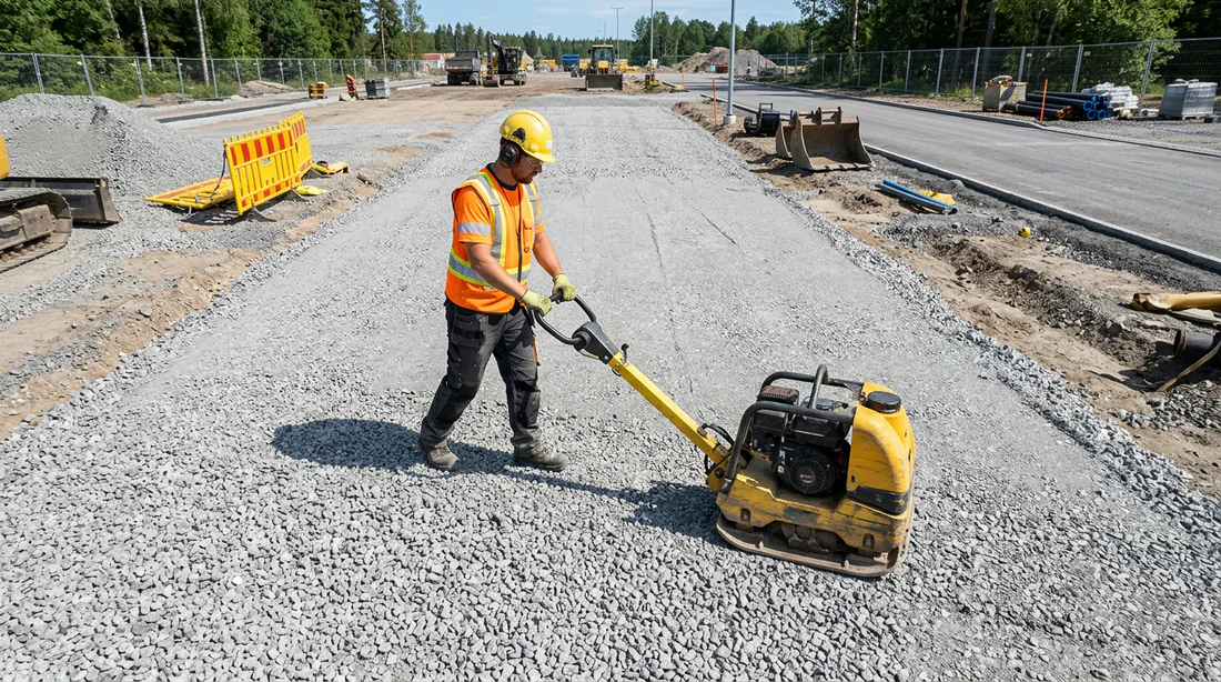 Compactage de gravier avec une plaque vibrante