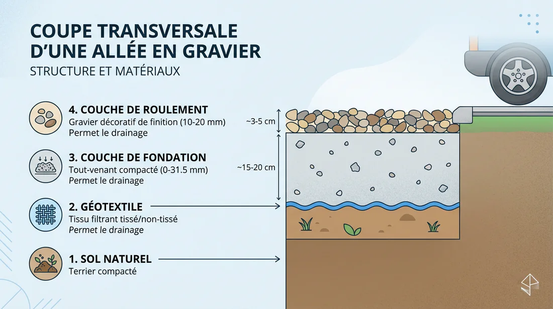 Coupe technique des couches d'une allée en gravier