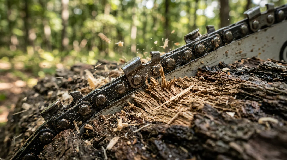 Détail technique de la chaîne Stihl 025 coupant le bois