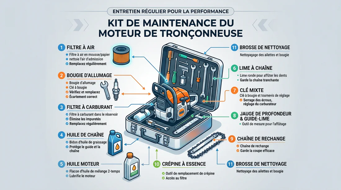 Schéma explicatif des outils nécessaires pour l'entretien d'une tronçonneuse