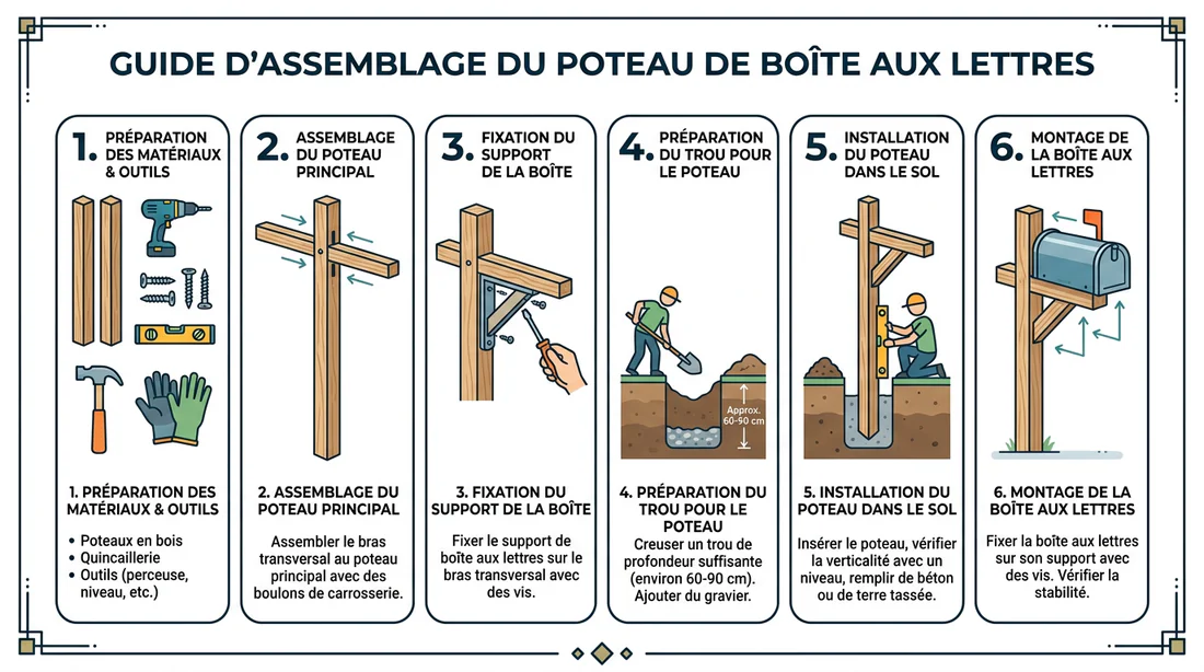 Schéma explicatif du montage d'un support de boîte aux lettres en bois