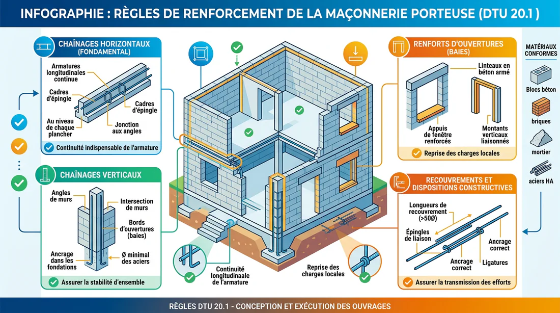 Infographie expliquant les normes DTU 20.1 pour le chaînage et les raidisseurs verticaux